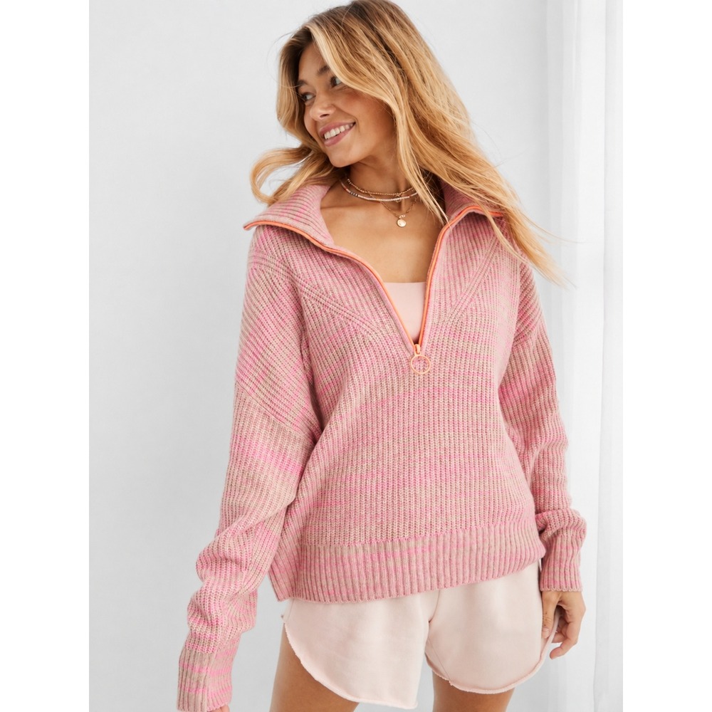 Aerie Cozy Preppy Pink Striped Sweater Relaxed Soft Girl Apres Ski Quarter Zip S